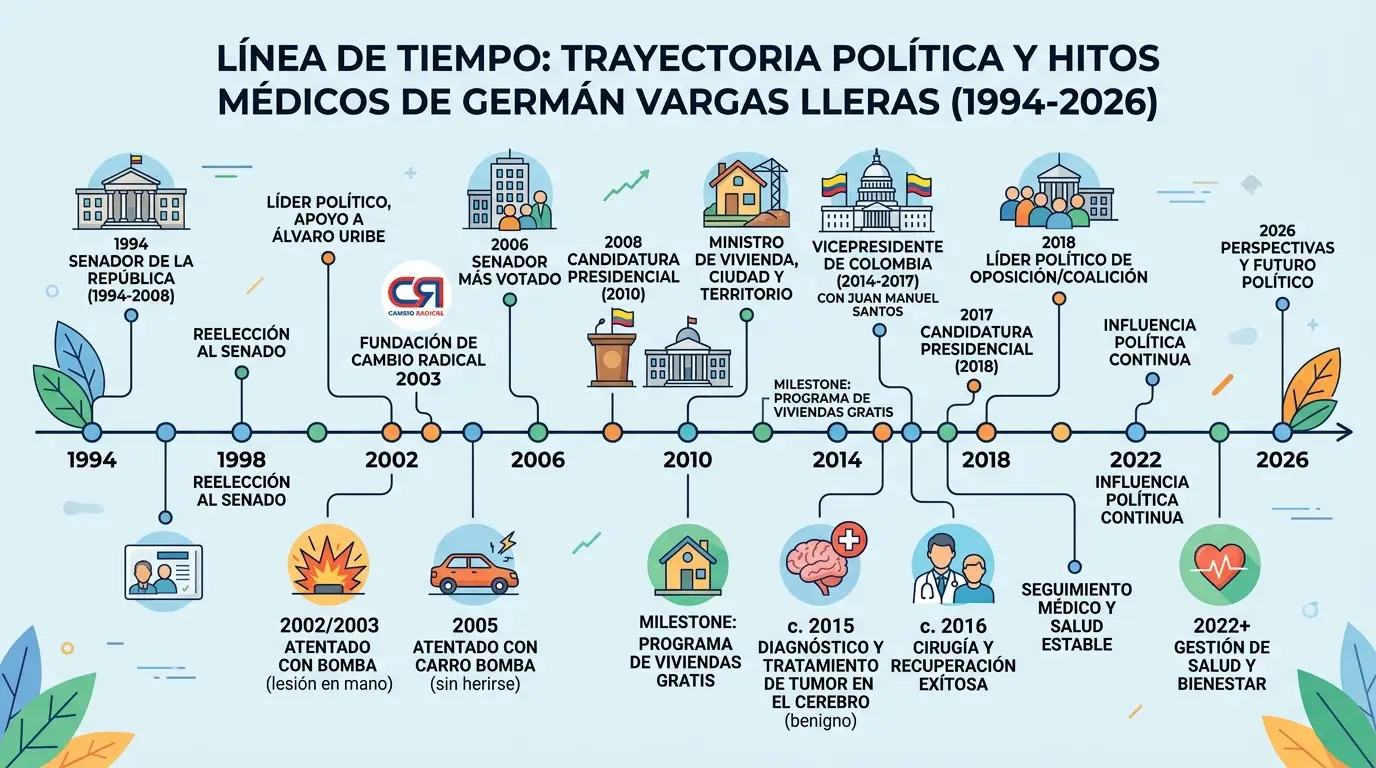 Línea de tiempo con los hitos políticos e institucionales de Germán Vargas Lleras.