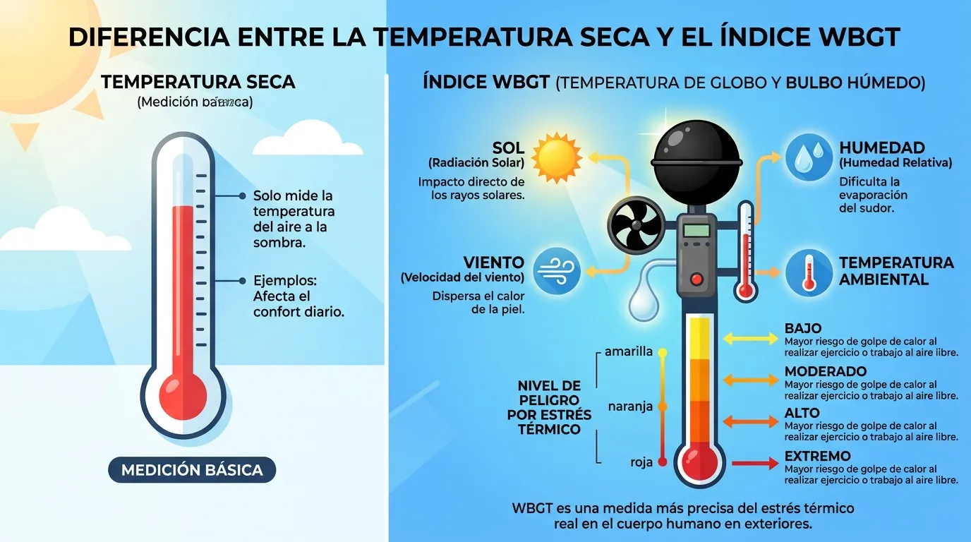 El calor extremo amenaza el Mundial 2026: cómo el cambio climático pone en jaque al fútbol 1 Diferencia entre la temperatura ambiental común y el Índice WBGT, que determina el riesgo real de estrés térmico.
