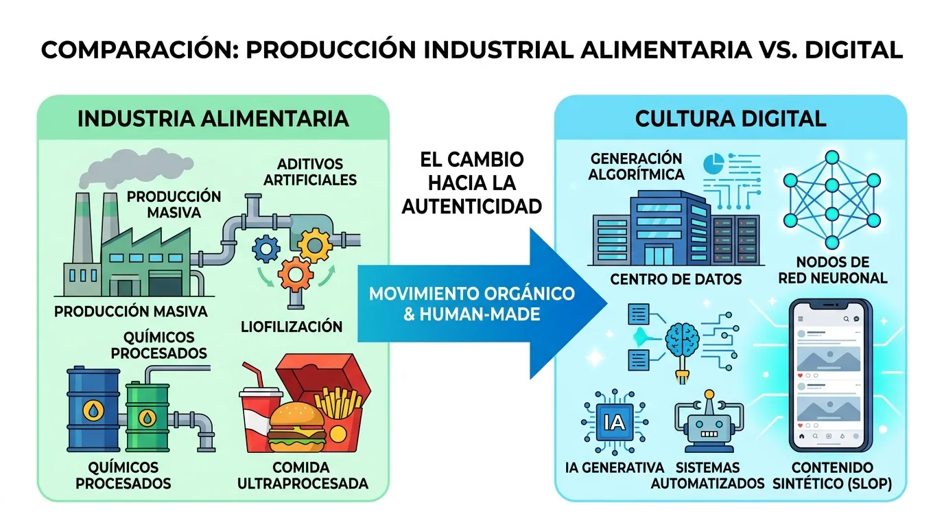 ¿Qué es el concepto human-made en la era de la IA? 1 Paralelismo entre la industrialización de la dieta humana y la automatización del consumo de información en la era digital.
