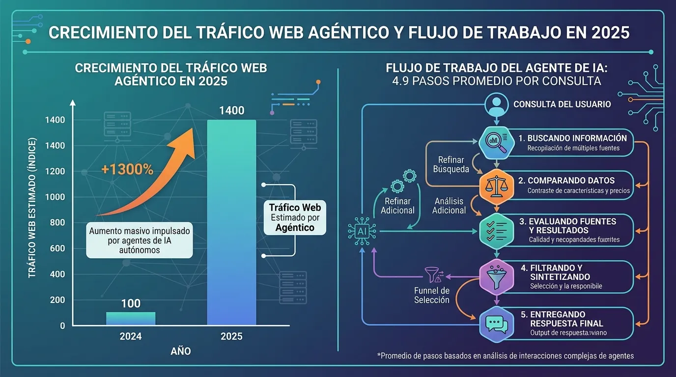 El impacto del agentic search de Google en las estrategias SEO actuales 1 Crecimiento del tráfico agentic y los pasos de razonamiento promedio de un agente de IA antes de mostrar resultados al usuario.