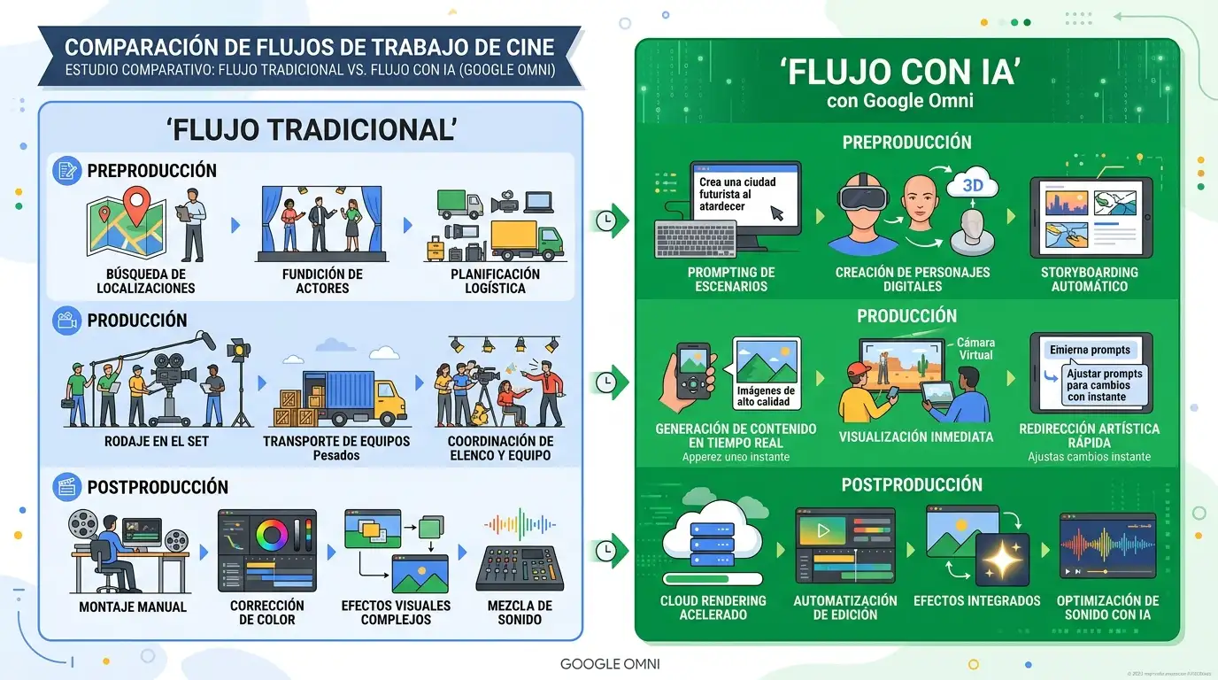 Comparativa entre el flujo de trabajo cinematográfico tradicional y el proceso optimizado mediante la integración de Google Omni.