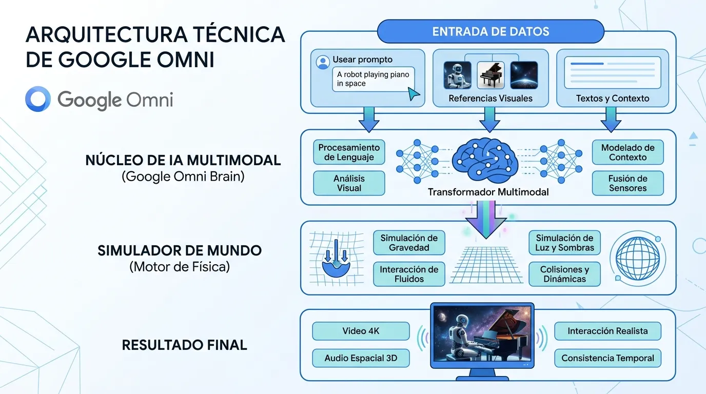 Arquitectura interna de Google Omni: del procesamiento semántico a la simulación física de alta fidelidad.