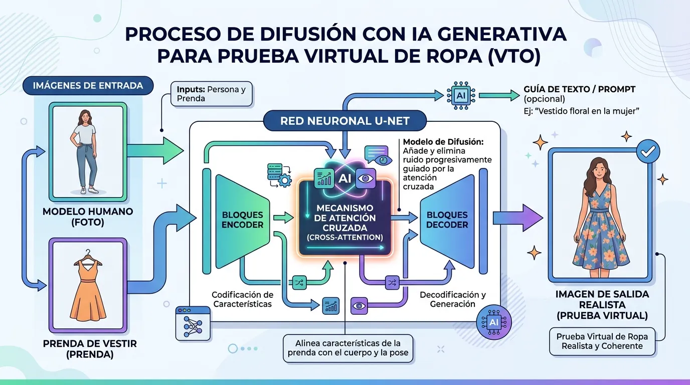 Esquema del proceso de difusión y atención cruzada mediante redes neuronales U-Net.
