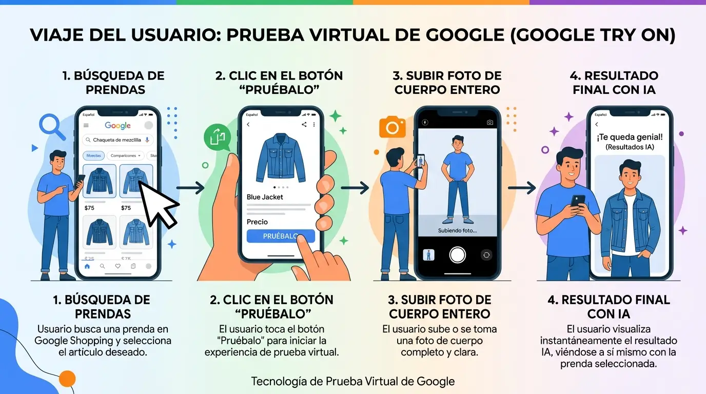 Paso a paso para utilizar la herramienta Google Try On desde un dispositivo móvil.