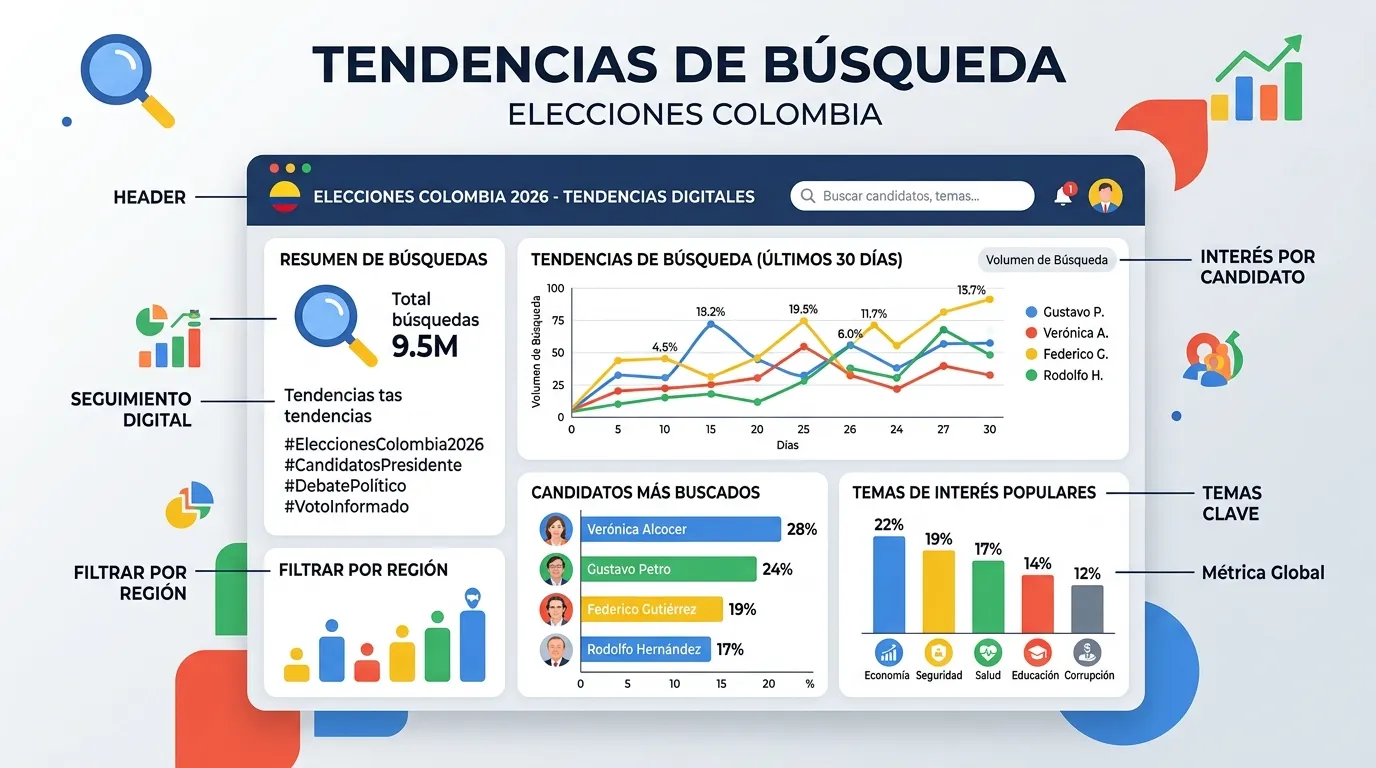 Elecciones Colombia 2026: Google lanza sitio enfocado en datos sobre los candidatos 1 Plataforma de Google Trends mostrando el volumen de búsquedas de los ciudadanos durante el periodo electoral de 2026.