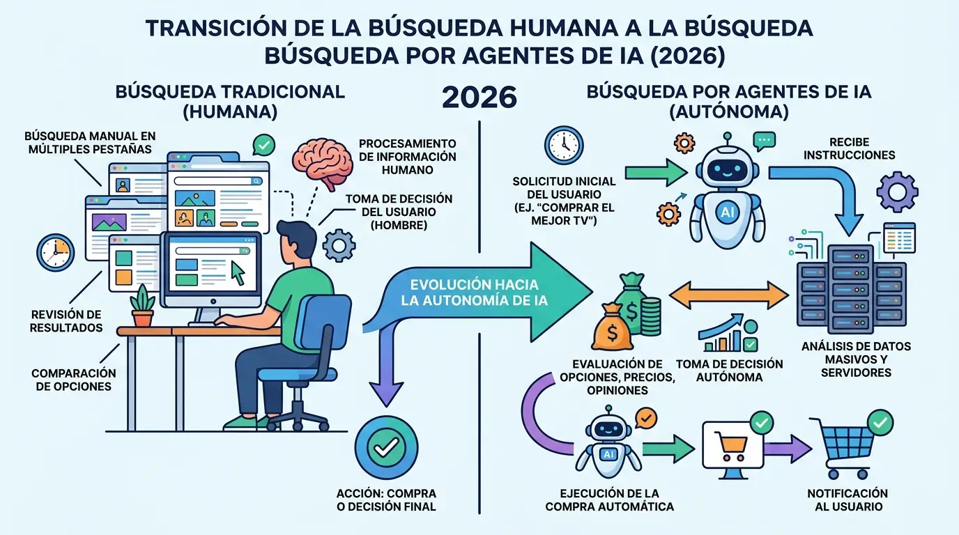 Evolución del modelo de descubrimiento: de la búsqueda manual en la era del escritorio a la ejecución autónoma mediante agentes de inteligencia artificial.