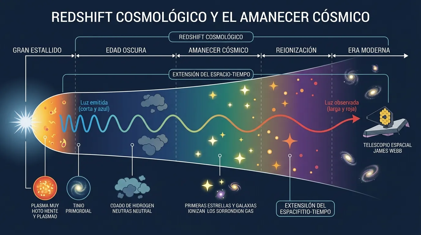 Por qué la galaxia JADES-GS-z14-0 es importante para el estudio del amanecer cósmico 1 Esquema de la expansión del universo y el efecto del corrimiento al rojo sobre la luz de las primeras galaxias.