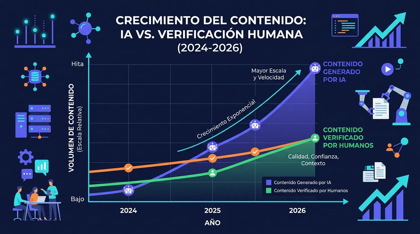 La desinformación generada por la IA: riesgo global en 2026 / Análisis 1 Comparativa del volumen de información sintética frente a la información verificada por humanos entre 2024 y 2026.