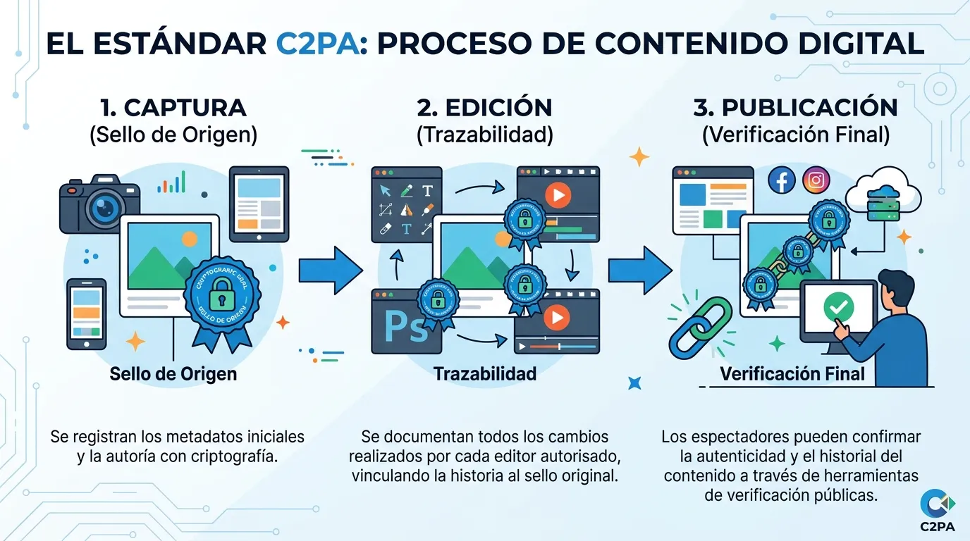La desinformación generada por la IA: riesgo global en 2026 / Análisis 2 Proceso de certificación de procedencia de contenidos digitales mediante el estándar C2PA.
