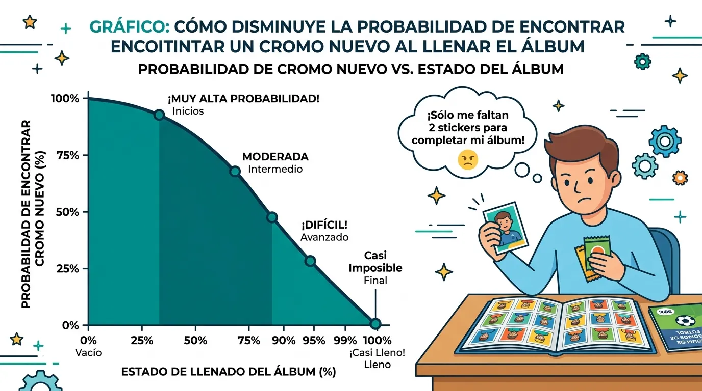 Curva de probabilidad decreciente conocida como el problema del coleccionista de cupones.