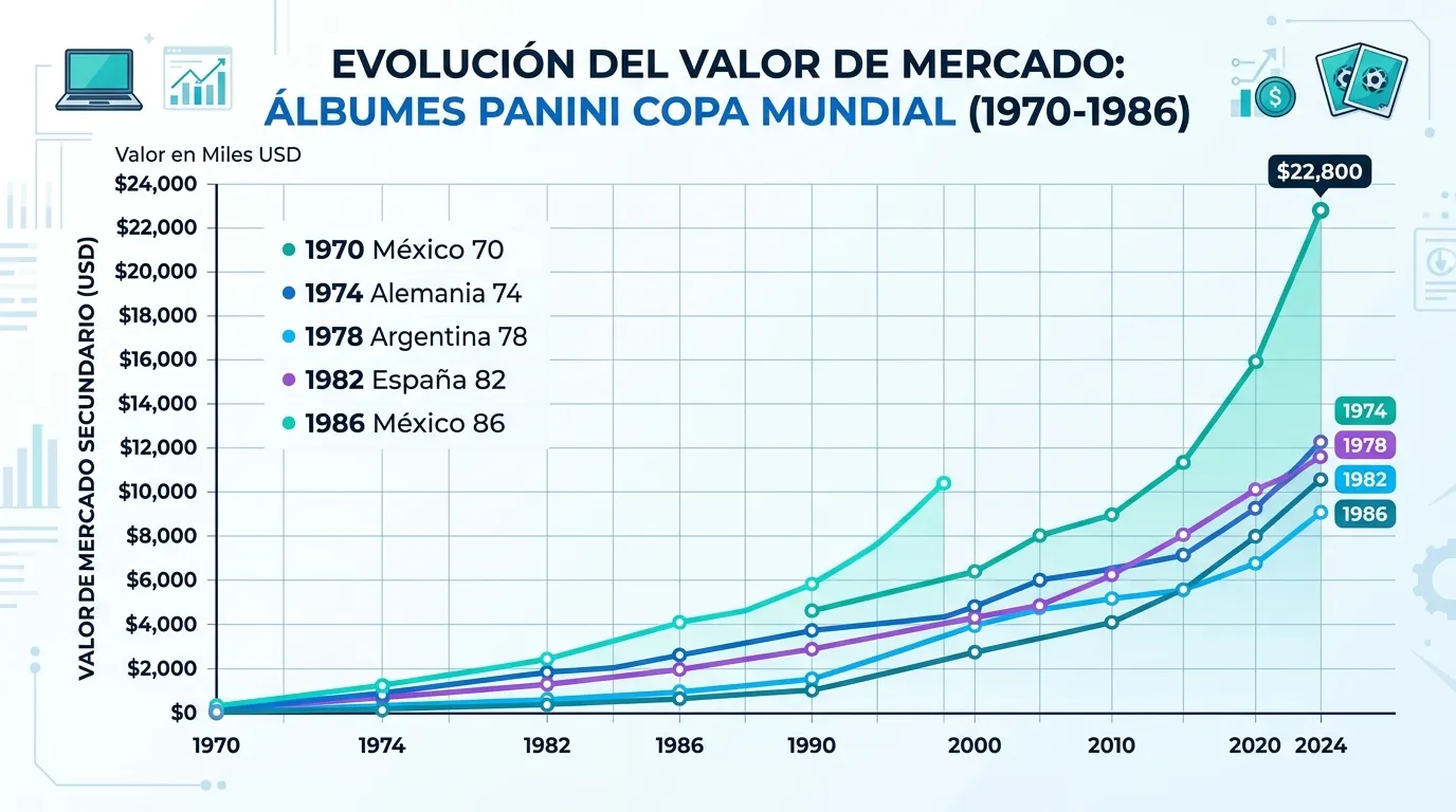 Los 10 álbumes Panini de mayor precio en la historia 1 Evolución gráfica del valor de mercado de los primeros cuadernos Panini en dólares.