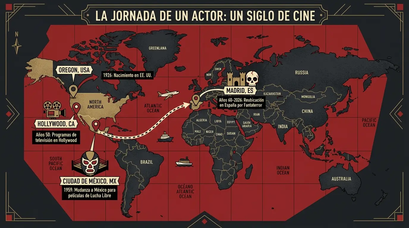 Muere Jack Taylor: el legado en el cine de terror 1 Línea de tiempo y ruta de los traslados geográficos en la trayectoria de actuación.