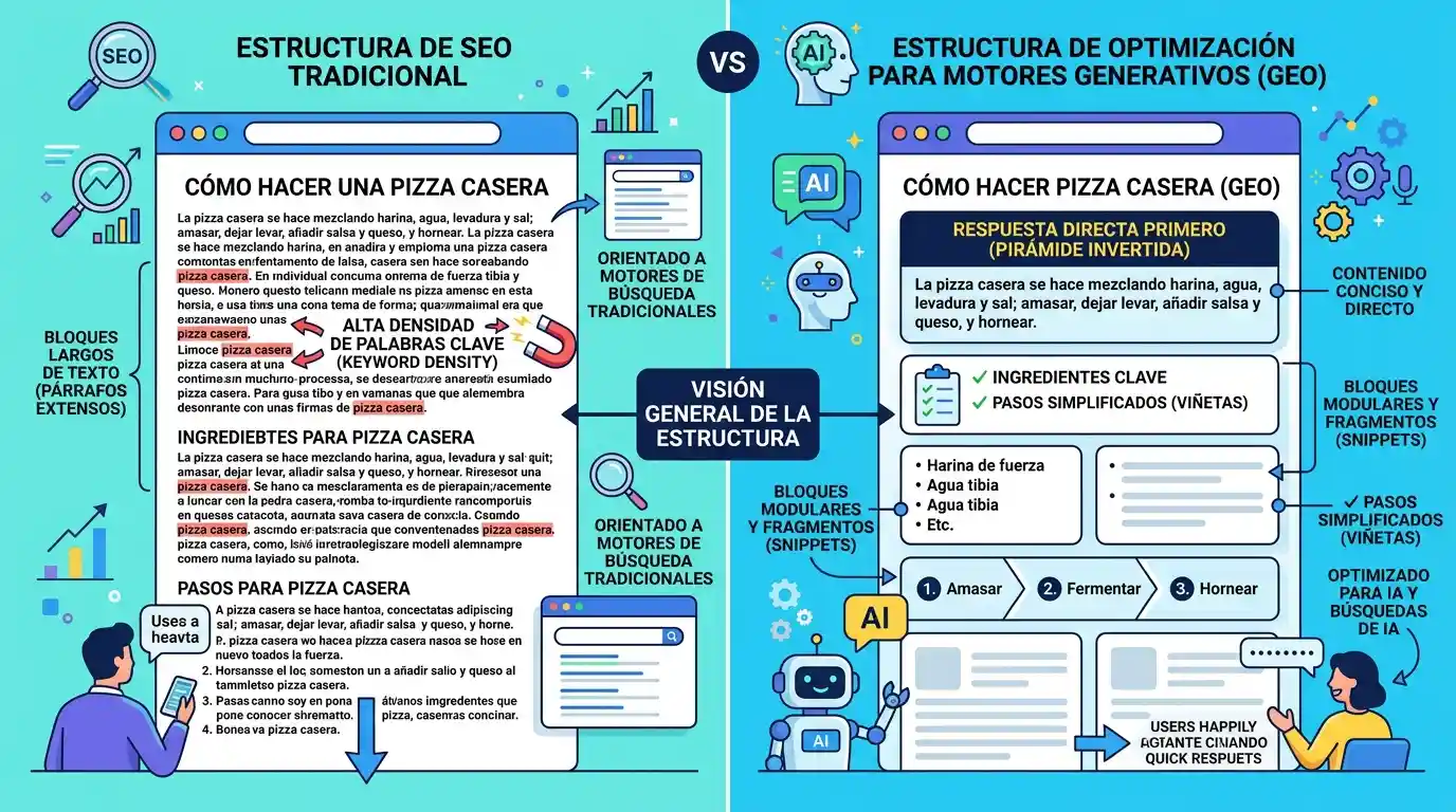 Optimización SEO para IA: Lista de verificación técnica 2026 1 Diferencias estructurales entre el contenido optimizado para buscadores tradicionales y el diseño modular para motores generativos.