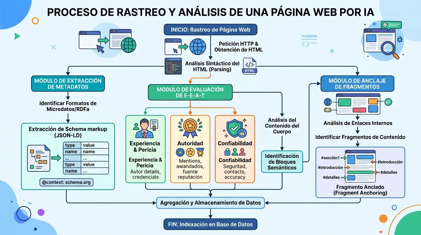 Optimización SEO para IA: Lista de verificación técnica 2026 2 Proceso de rastreo y extracción de datos estructurados por agentes de inteligencia artificial.
