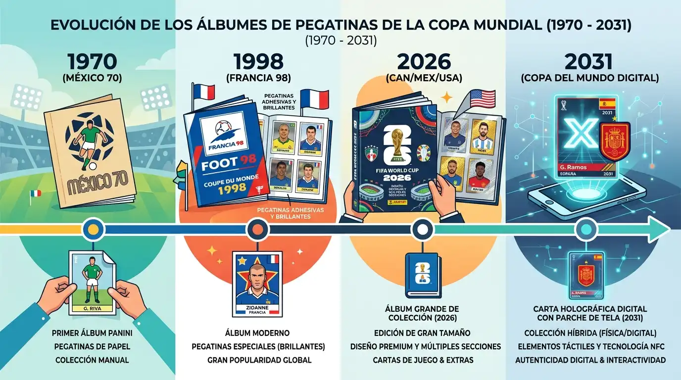 Evolución de los coleccionables de la FIFA: de las figuritas de papel a las tarjetas digitales y con parches de tela (1970 - 2031).