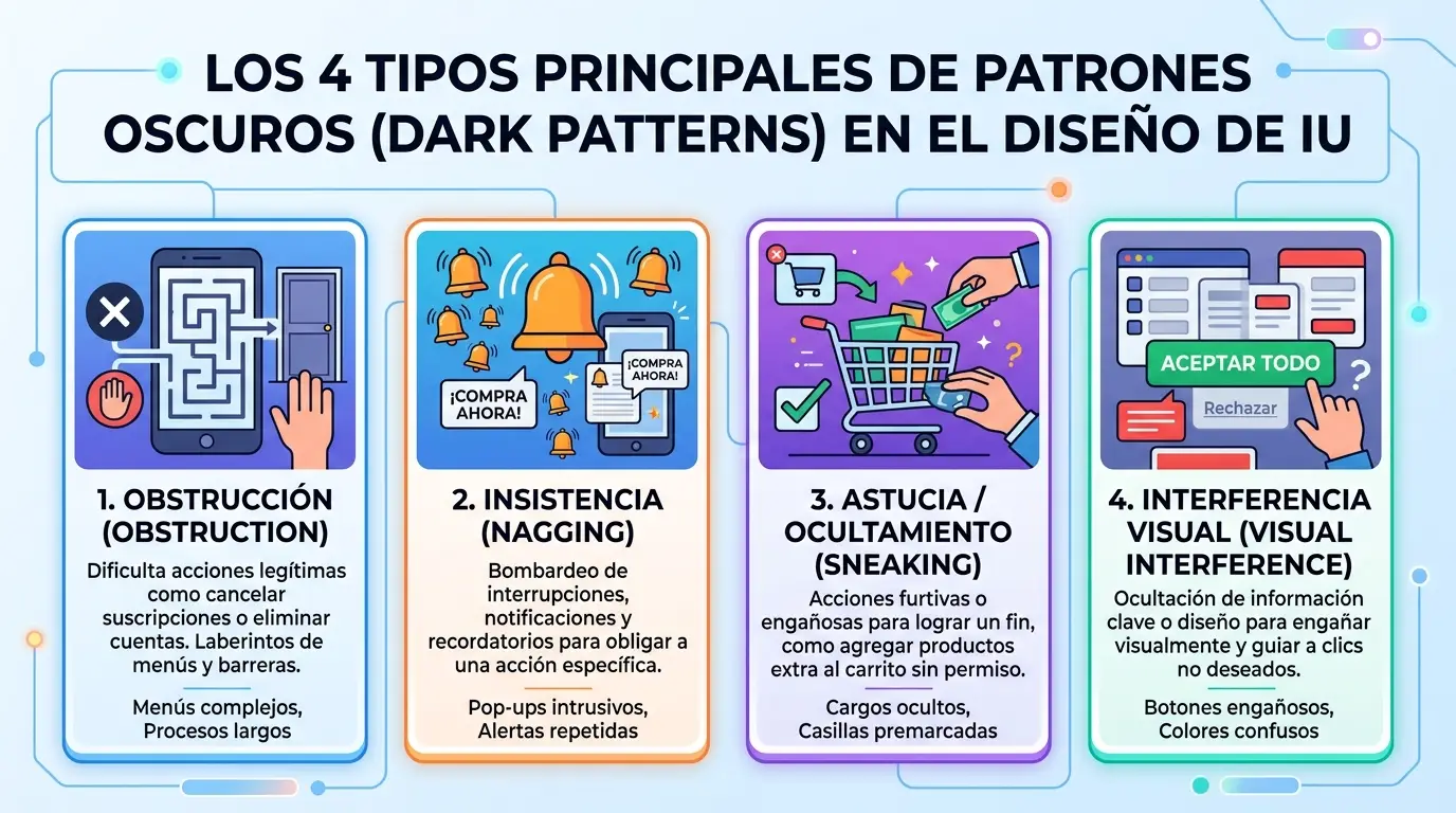 Infografía que ilustra las cuatro principales categorías de patrones oscuros utilizados en interfaces de usuario y redes sociales para influir en la toma de decisiones.