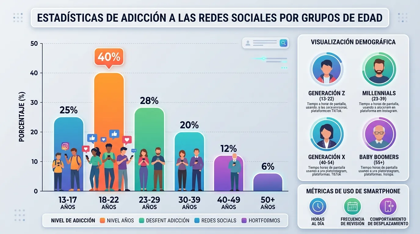 Estadísticas de dependencia y uso problemático de redes sociales por grupos etarios, destacando la vulnerabilidad específica en adultos jóvenes y adolescentes.