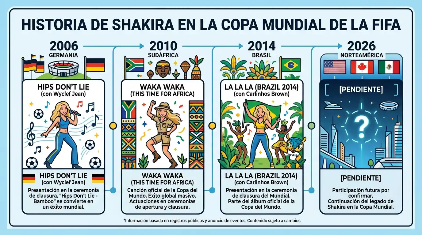 ¿Por qué Shakira cantará la canción del Mundial 2026? 1 Línea de tiempo detallada de las participaciones musicales de Shakira en la historia de la Copa del Mundo y su rendimiento a nivel de métricas de la industria.