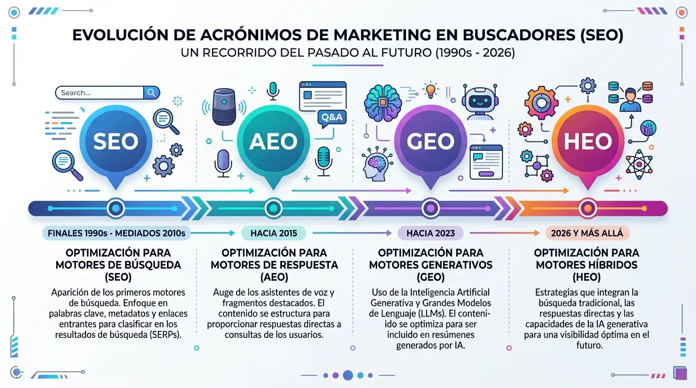 Evolución cronológica de las estrategias de visibilidad digital desde la aparición de los motores de búsqueda hasta la integración de la inteligencia artificial generativa.