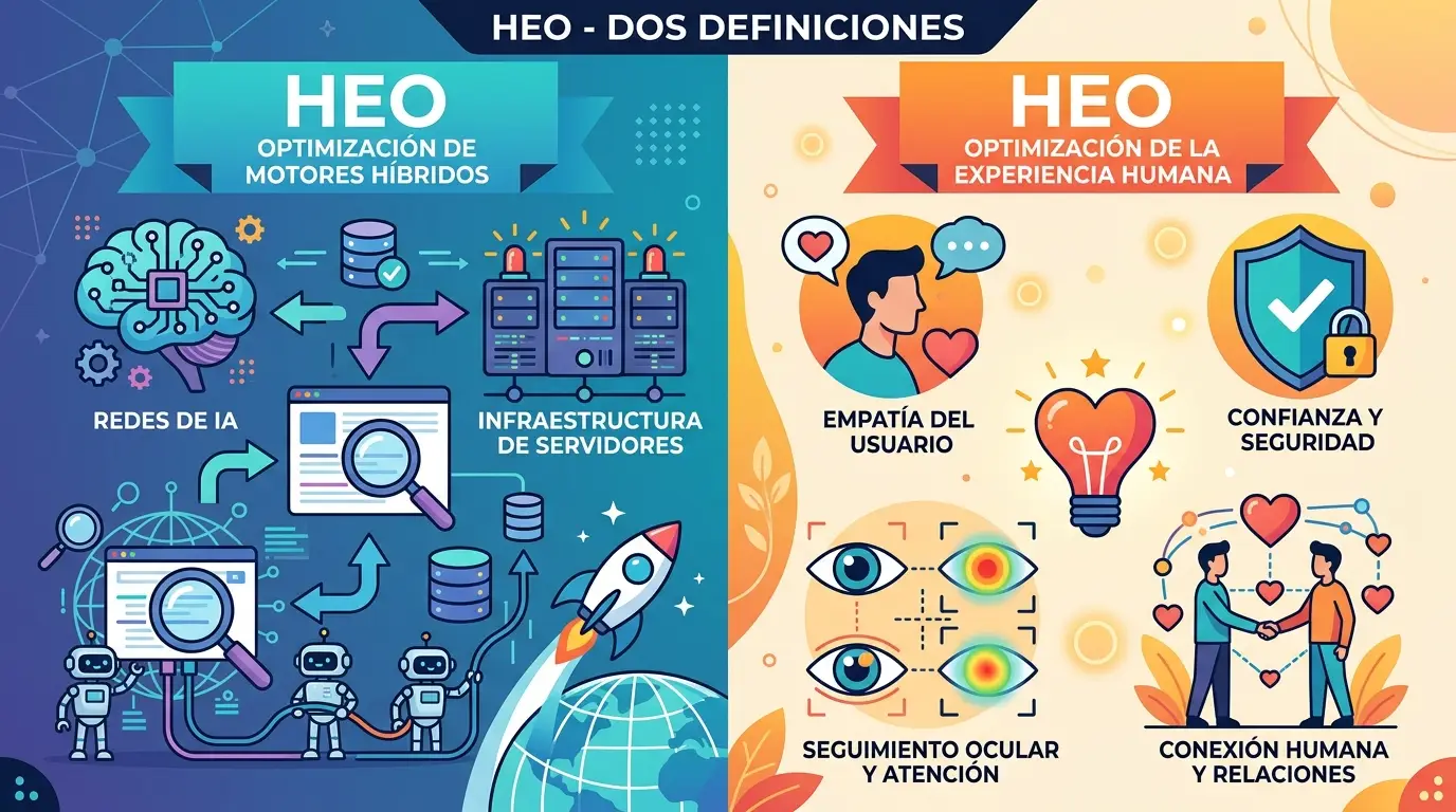 Las dos dimensiones del concepto HEO: la optimización técnica para sistemas de inteligencia artificial y la optimización de la experiencia de retención humana.