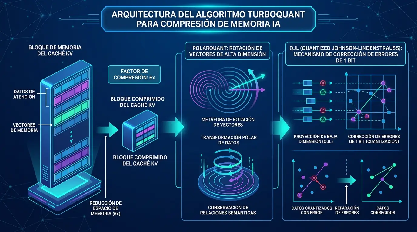 Esquema conceptual del funcionamiento de TurboQuant: la rotación de vectores multidimensionales reduce drásticamente la KV Cache hasta los 3.5 bits sin pérdida de precisión geométrica.