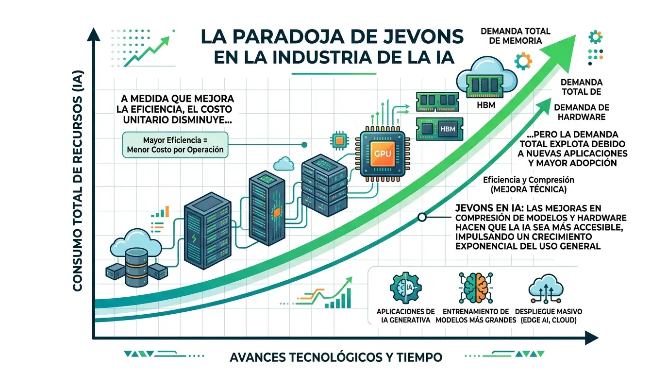 La paradoja de Jevons aplicada a la inteligencia artificial: una mayor eficiencia en la compresión del hardware mediante software detona una demanda exponencial de sistemas más potentes a largo plazo.