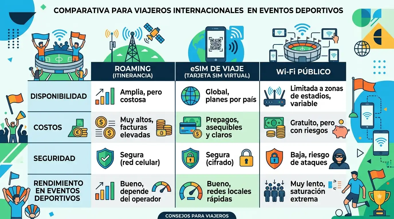 Guía para usar roaming en Norteamérica en el Mundial 2026 1 Comparativa de métodos de conectividad internacional: Roaming, eSIM y Wi-Fi.