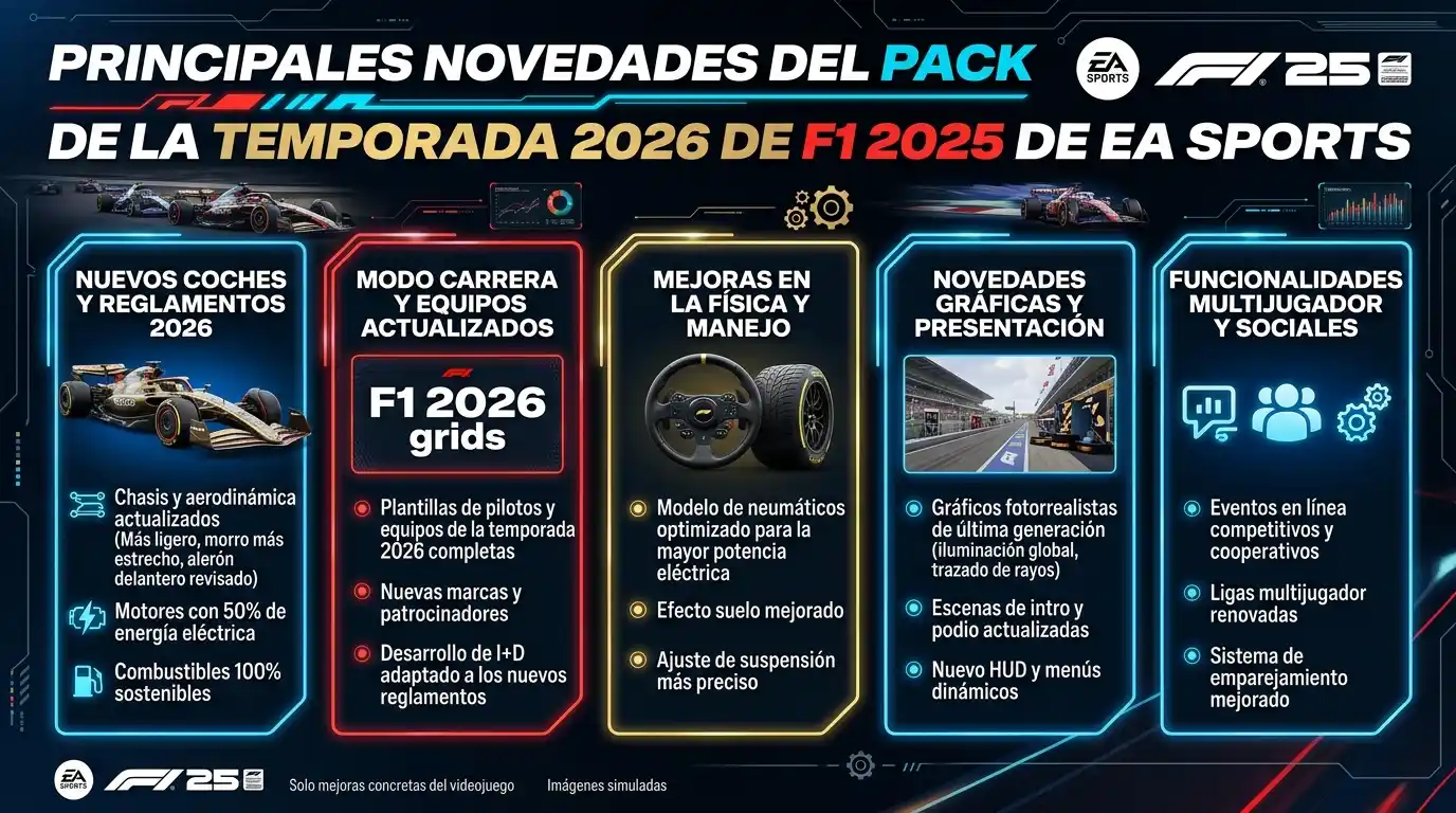 Qué trae el pack de la temporada 2026 de F1 25: análisis 1 Comparativa visual entre los monoplazas de 2025 y la nueva generación de 2026 incluida en el Season Pack de EA Sports.