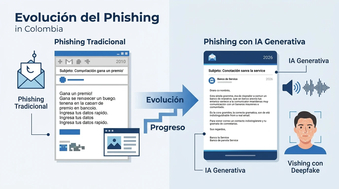 Así se roban credenciales bancarias en la era de la IA generativa 1 Evolución de las tácticas de phishing: desde los correos rudimentarios hasta la suplantación multisensorial mediante IA en el contexto colombiano.