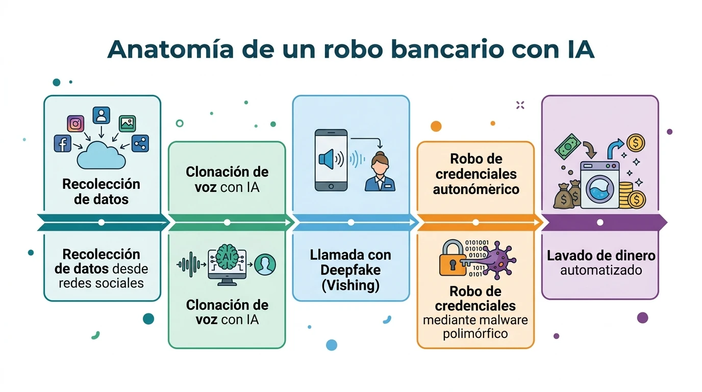 Así se roban credenciales bancarias en la era de la IA generativa 2 Proceso paso a paso de cómo un cibercriminal utiliza diversas herramientas de inteligencia artificial para ejecutar un fraude bancario completo.